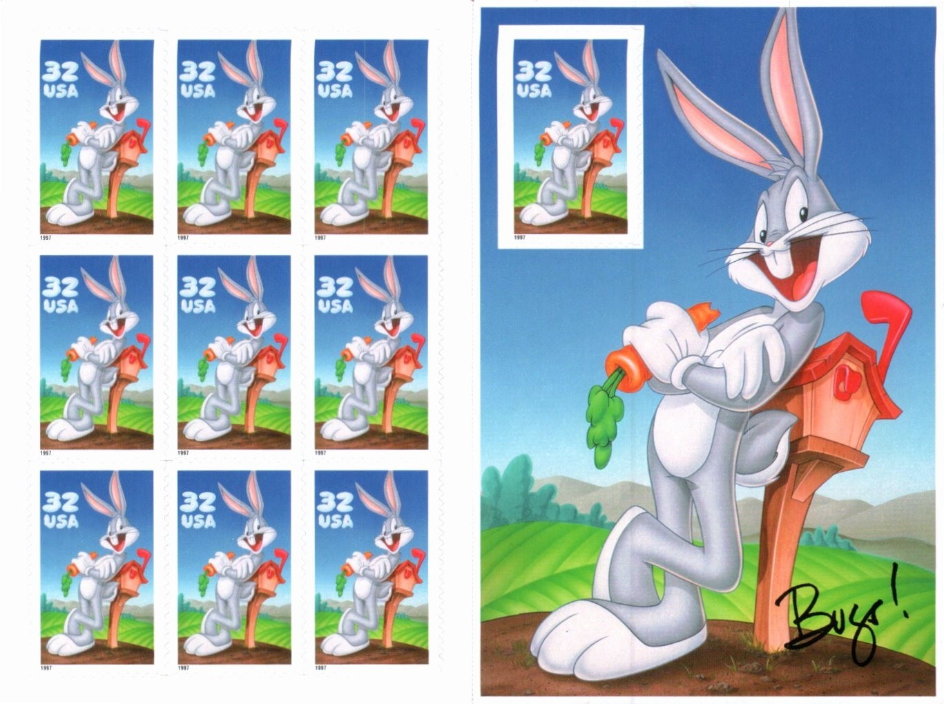 Scott#: 3137 – Bugs Bunny 10×32¢ 1997 Avery self-adhesive pane of 10 – Lot 1