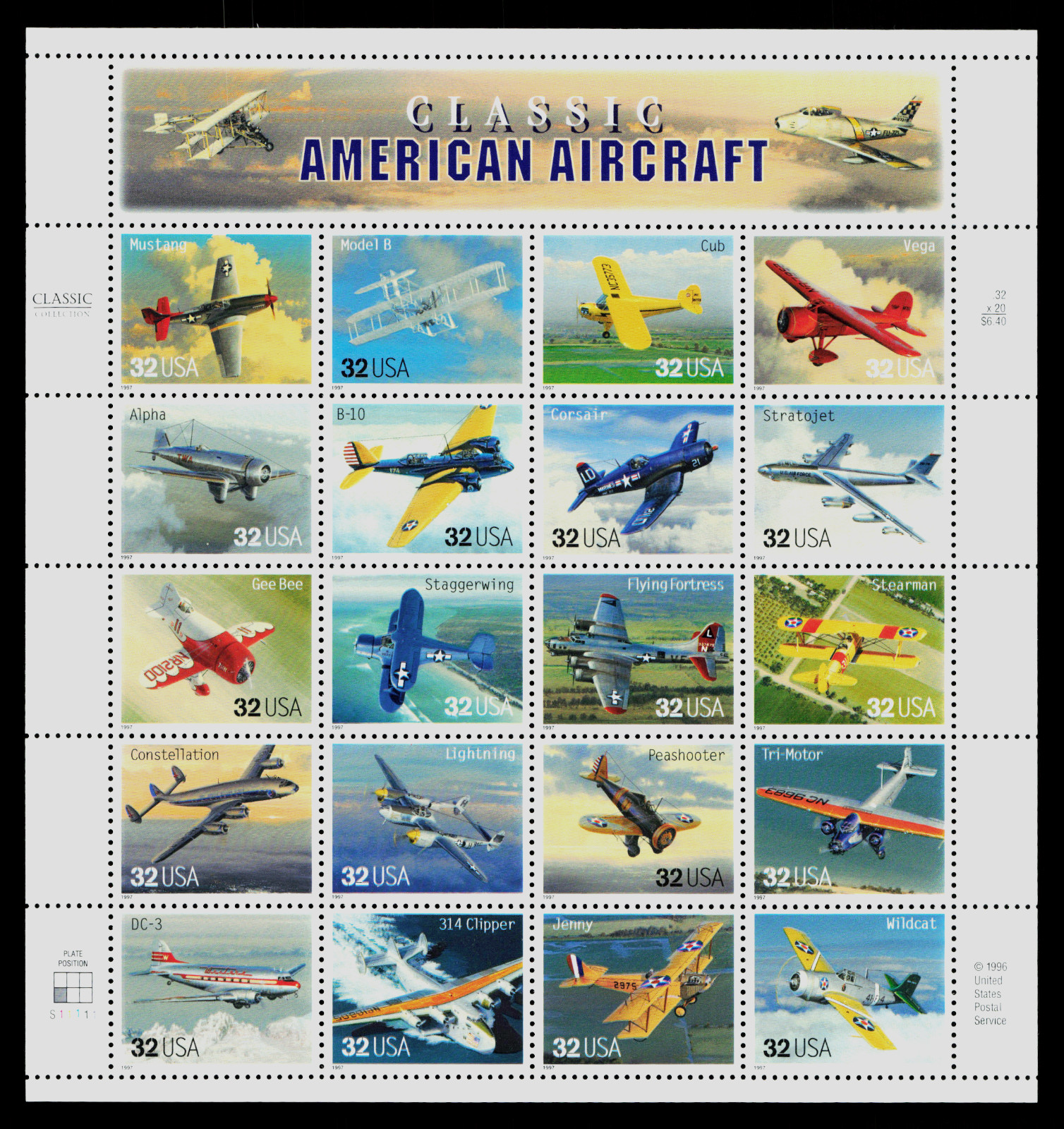 Lot of (2) -US SCOTT #3142 32ct Classic American Aircraft Souvenir Sheet of 20