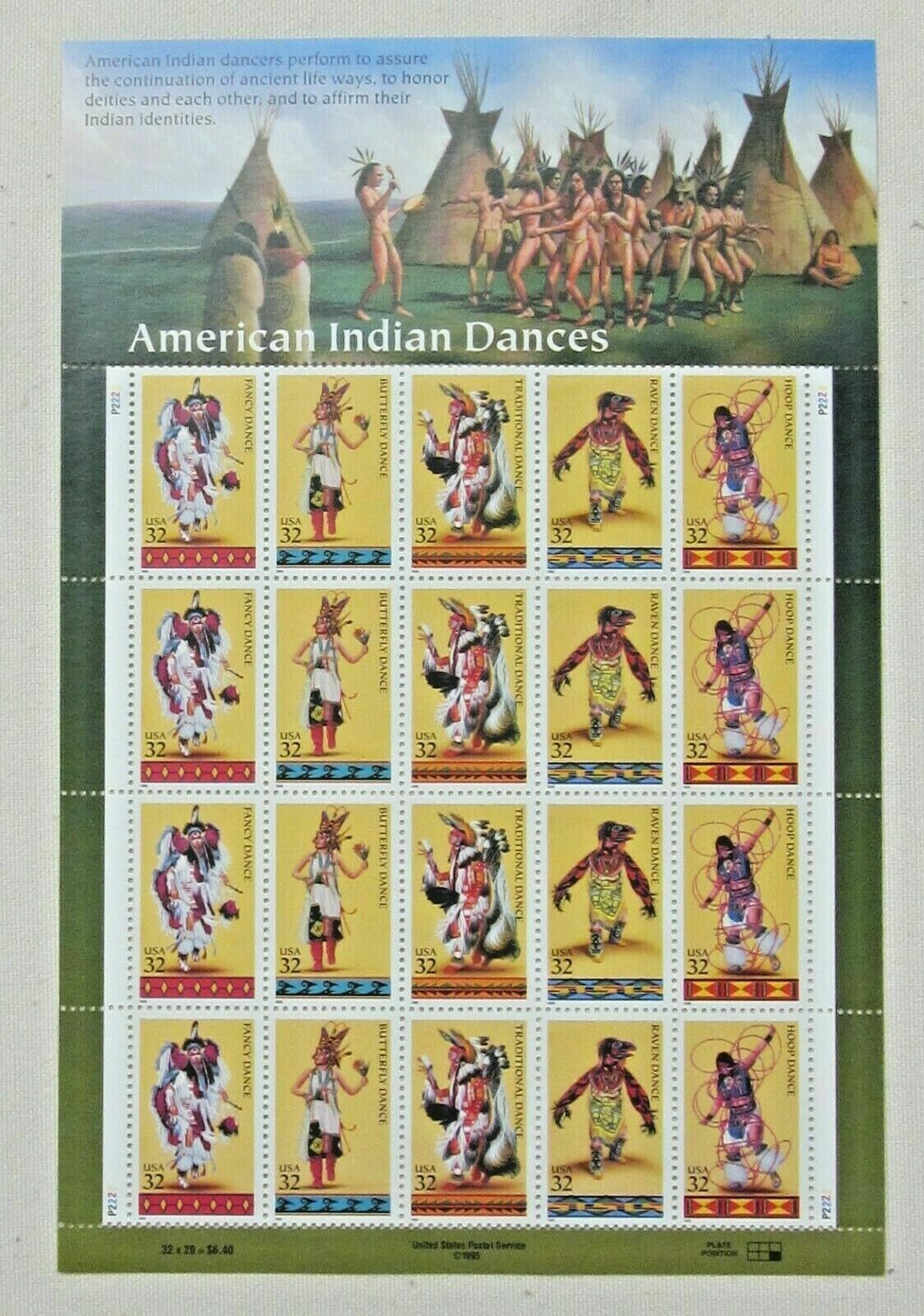 Sheet of 20 AMERICAN INDIAN DANCES 32¢ US PS Postage Stamps Sc # 3072-3076
