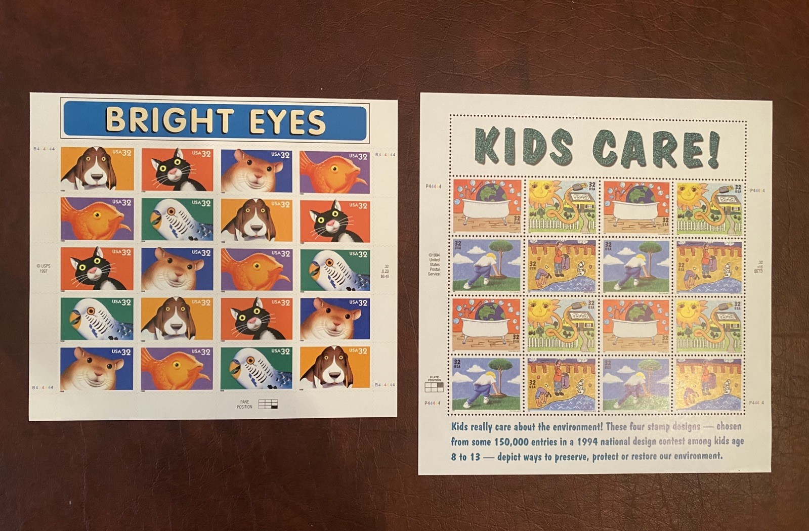 US Postage Stamp Lot of 2 Sheets – Bright Eyes Animals Pets, Kids Care Art