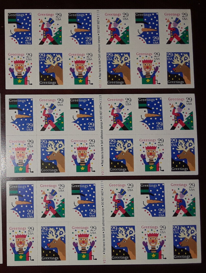 New Three 29¢ Booklets of GREETINGS Sc # 2799-2802 US Christmas Postage Stamps