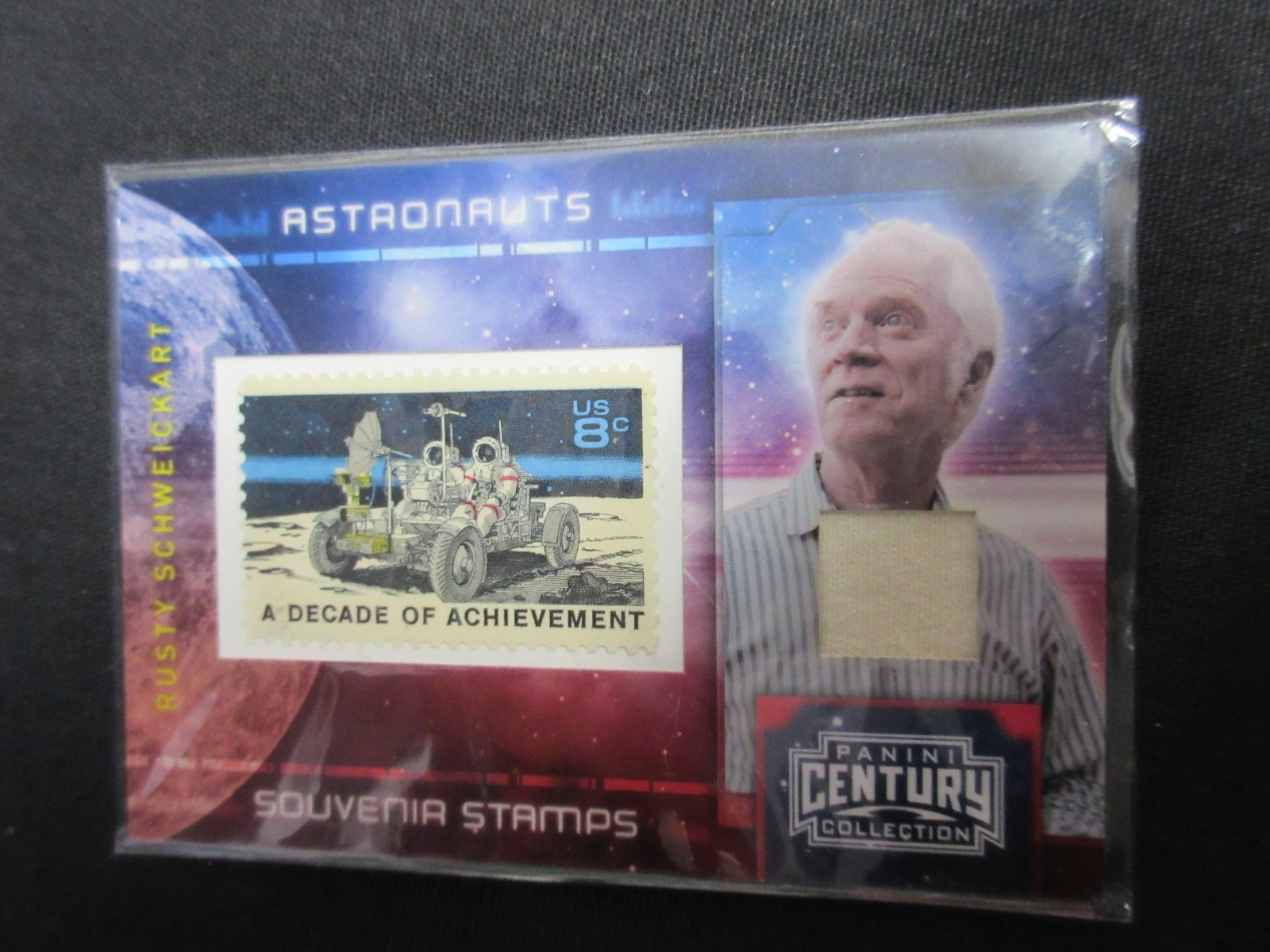 RUSTY SCHWEICKART APOLLO 9 2010 PANINI 8c STAMP & WORN RELIC SWATCH CARD, 70/100