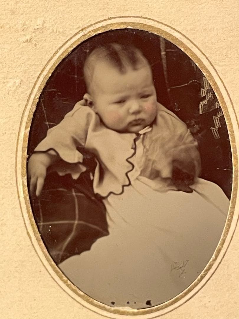 Antique photo, tintype, set of 3, baby, paper frame