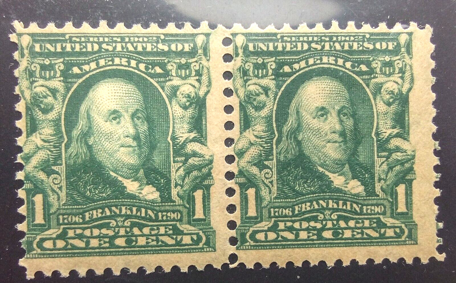 US Pair Stamps #300 1902 Ben Franklin One Cent Green Stamp Mint OG 14-539