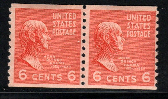 US Stamps – (circa 1939) 6¢ red orange John Quincy Adams – coil pair SC# 846 MNH