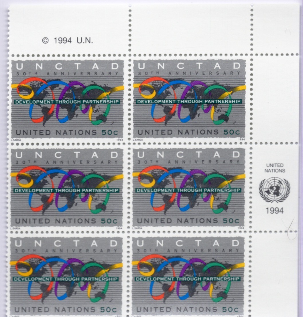 Unused Stamp Block Set United Nations 30th Anniversary UNCTAD 50 Cents 1994 NEW