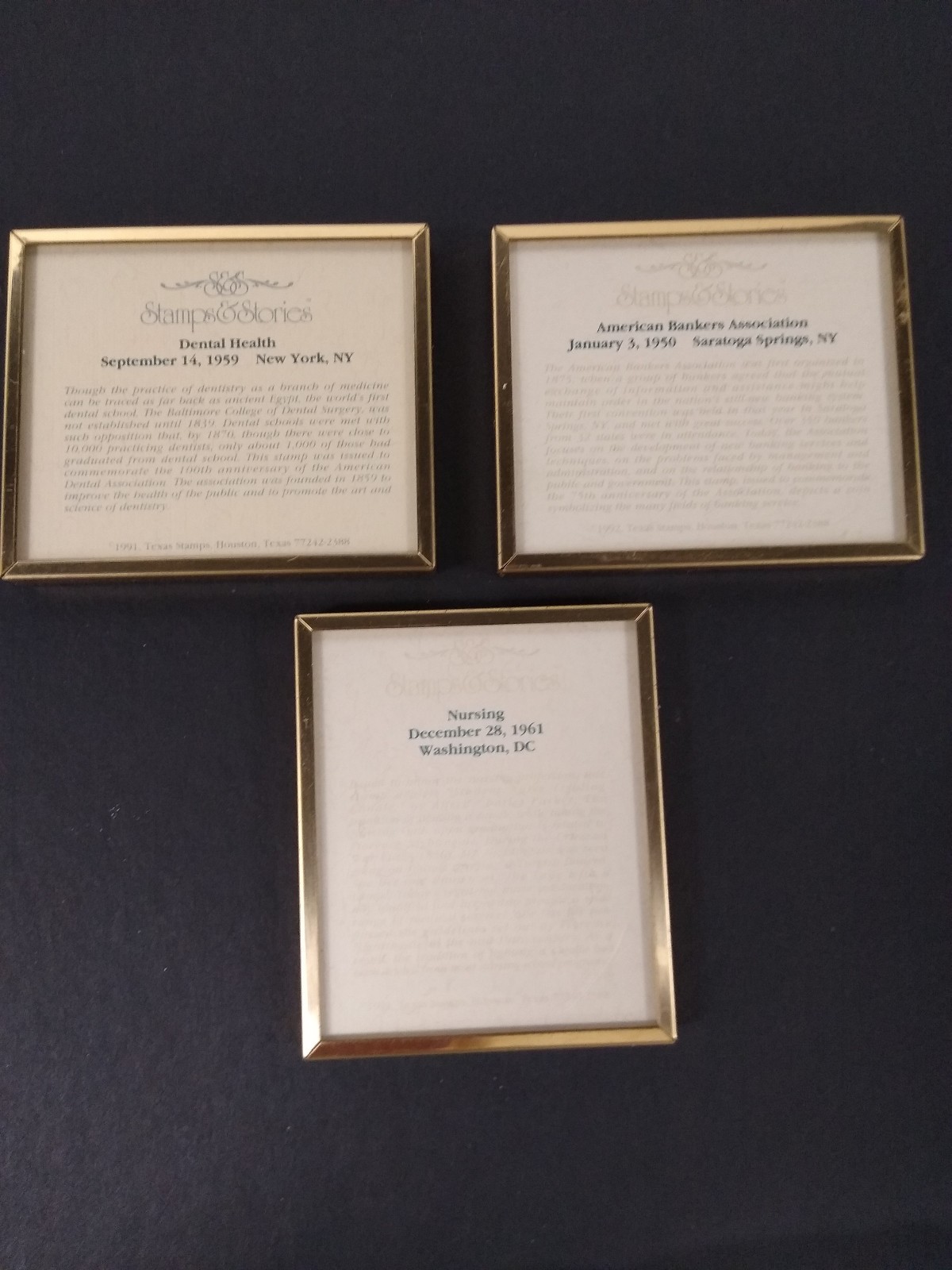 3 Vtg Stamps & Stories Framed Commeratives- Dental Assn, Nurse, Bankers