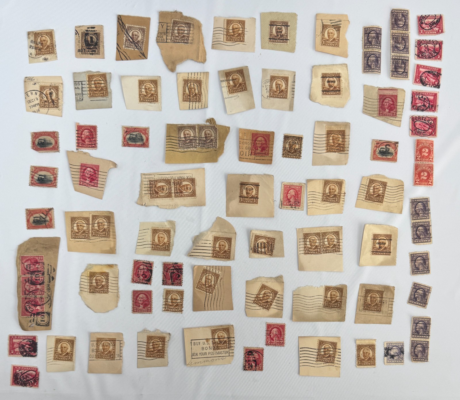 Vintage U.S. Postage Stamp Kiloware Lot on Paper Harding 1 half, Washington 2c