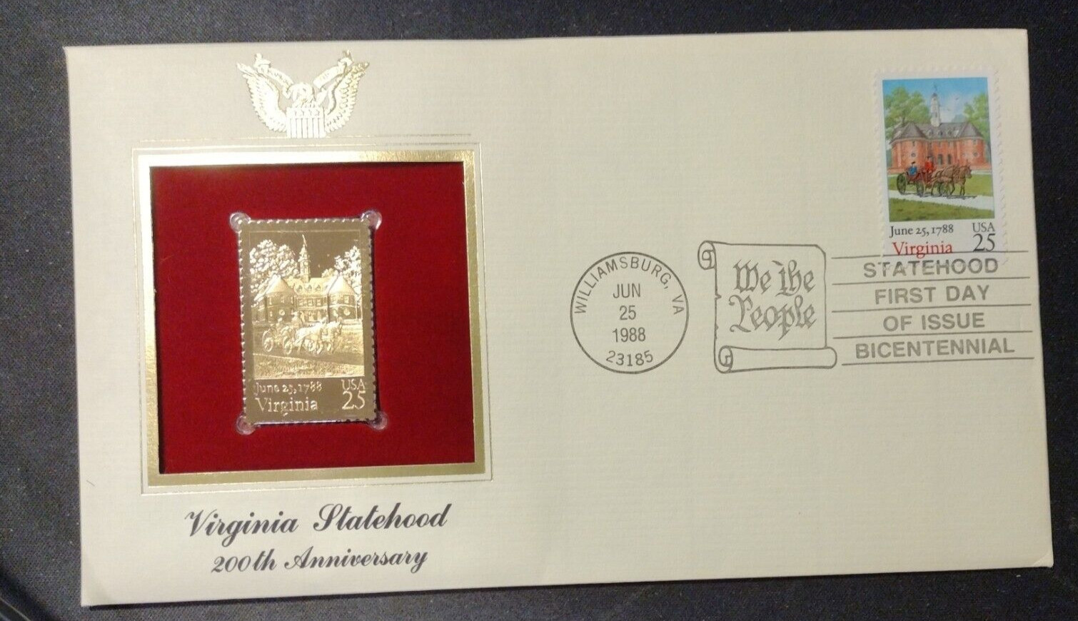 Virginia Statehood FIRST DAY ISSUE 25 CENT STAMP GOLD 200th Anniversary