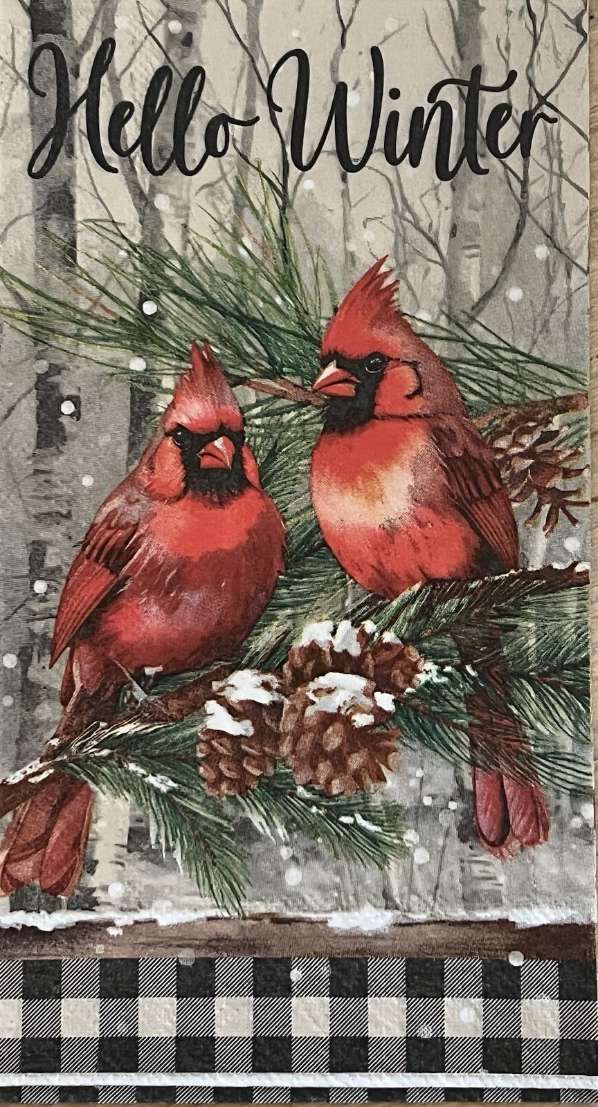 Two Individual dinner Decoupage Napkins Red Birds Snow Christmas Pine Cones