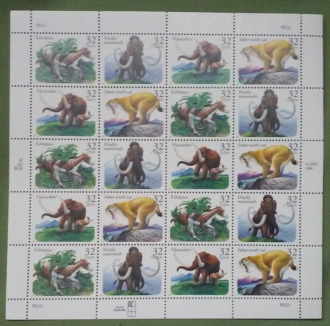 Four Sheets x 20 = 80 of PREHISTORIC ANIMALS 32¢ US Stamps. USA Sc # 3077-3080