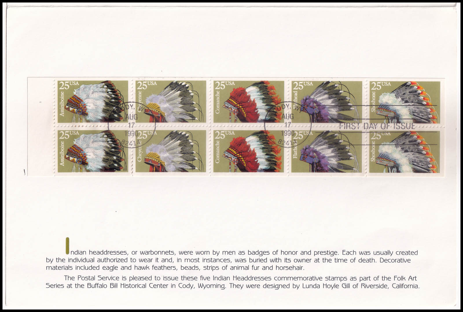 USA UNITED STATES – 1990 INDIAN HEADDRESSES – FOLDER – FDI