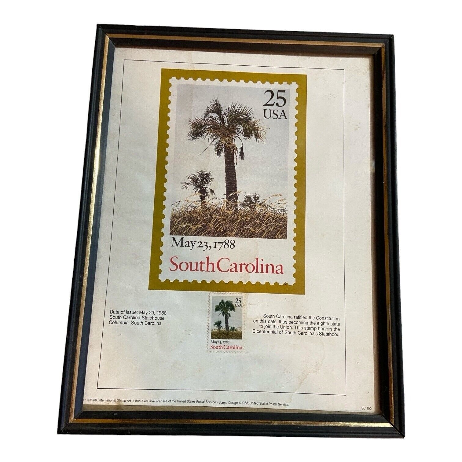 1988 South Carolina Statehood Bicentennial Stamp Framed Print USPS 25c Palm Tree