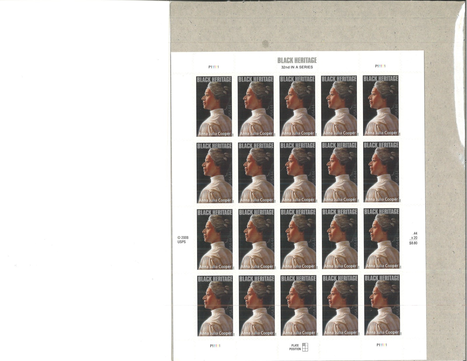 US 2009 SC 4408 44c Black Heritage, Anna Julia Cooper, Author – Sheet of 20 MNH