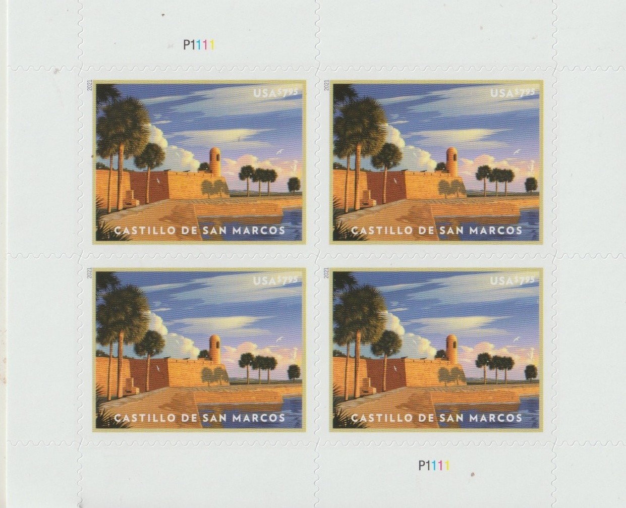 USPS Castillo De San Marcos $7.95 Stamp Sheet of 4 Stamps Sent from OKC, OK