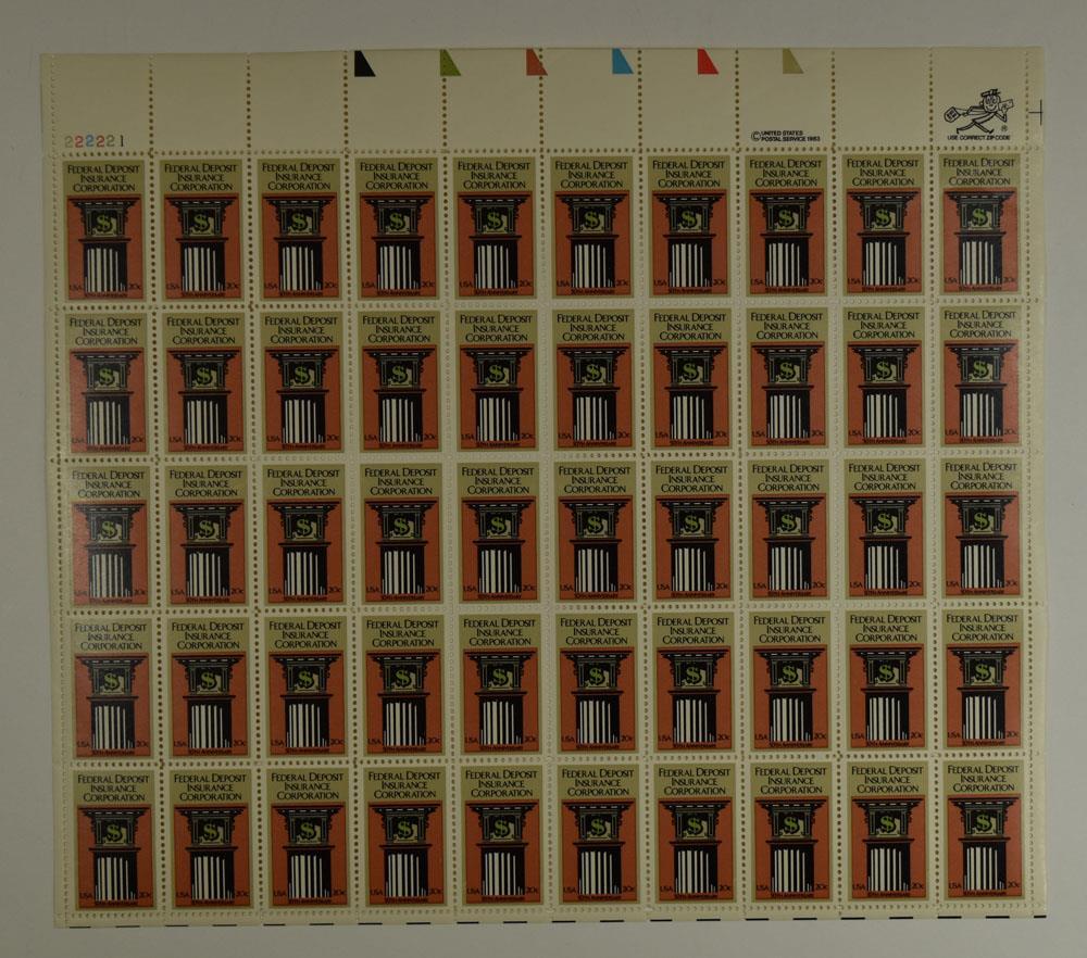 US SCOTT 2071 PANE OF 50 FEDERAL DEPOSIT STAMPS 20 CENT FACE MNH