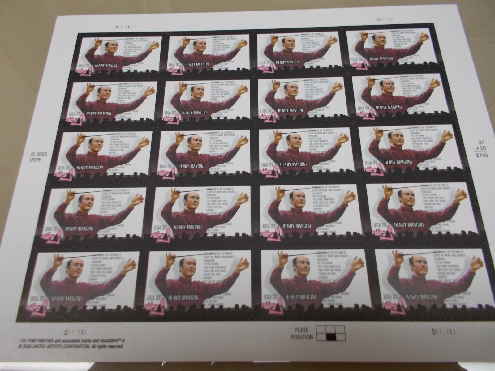 #3839 HENRY MANCINI COMPOSER SHEET OF 20 37 CENT STAMPS 2003 MNH Free Shipping