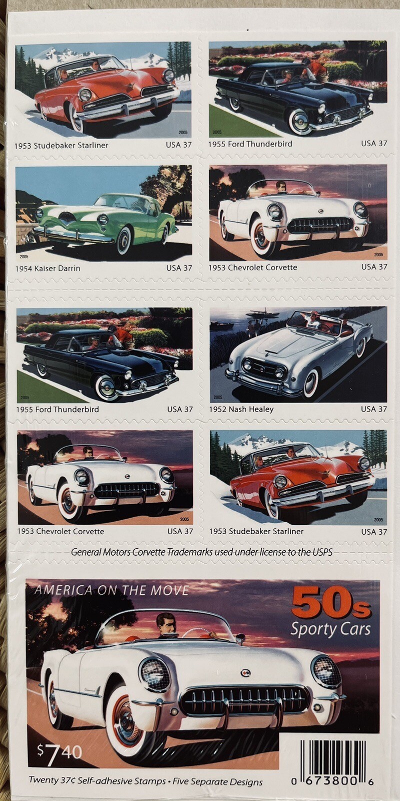 2005 US AMERICA ON THE MOVE 50’s SPORT CARS 2 PANES /BOOKLETS OF 20 STAMPS 37c