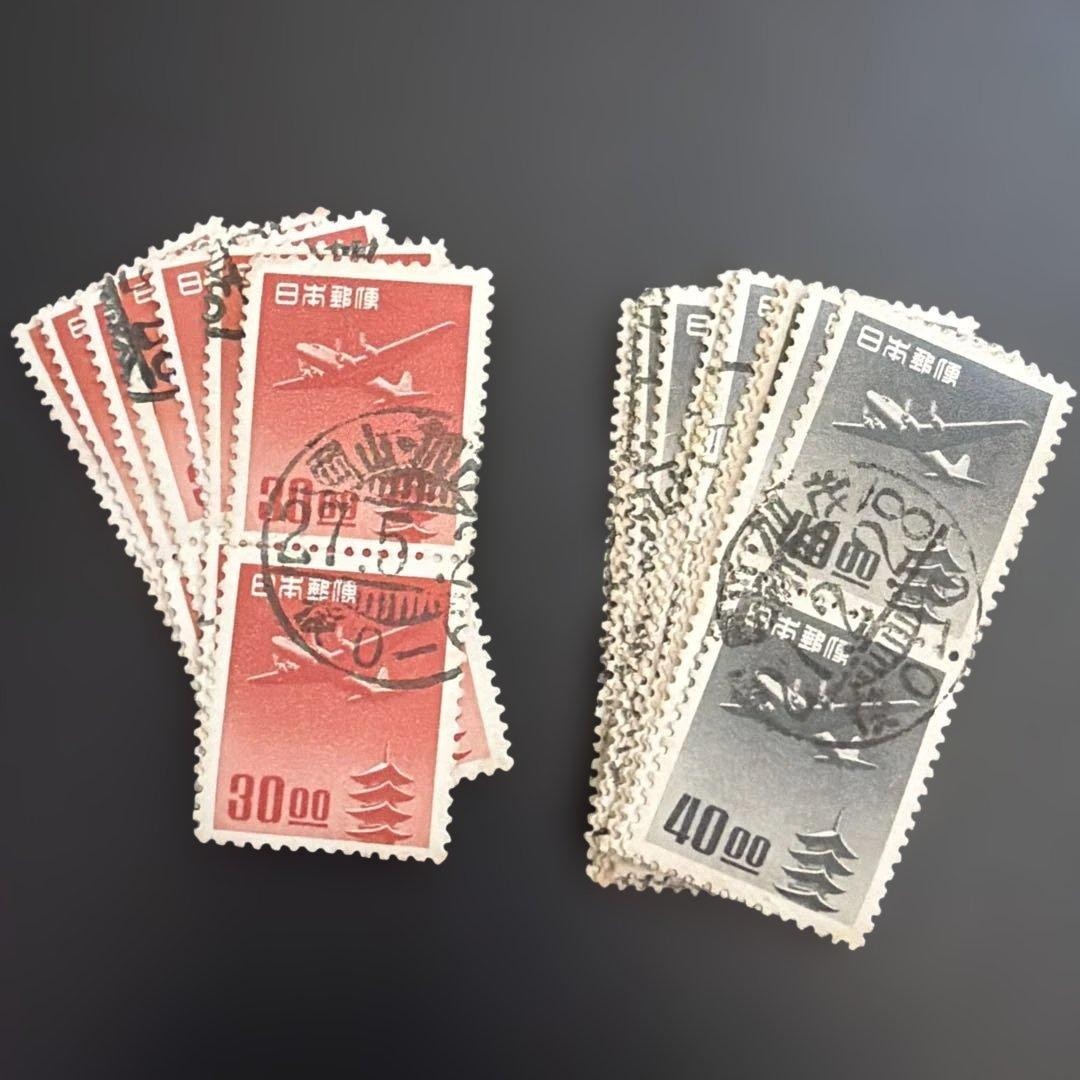 Five-storied pagoda airmail stamp 30.00 yen sheet of 2 x 7, 40.00 yen sheet of