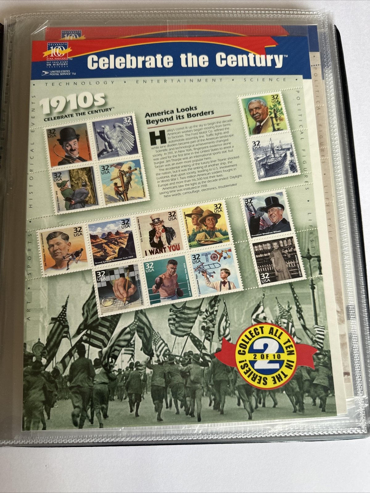 Celebrate the Century USPS Stamps 1900s-1990s In Binder USPS 10 Page Set