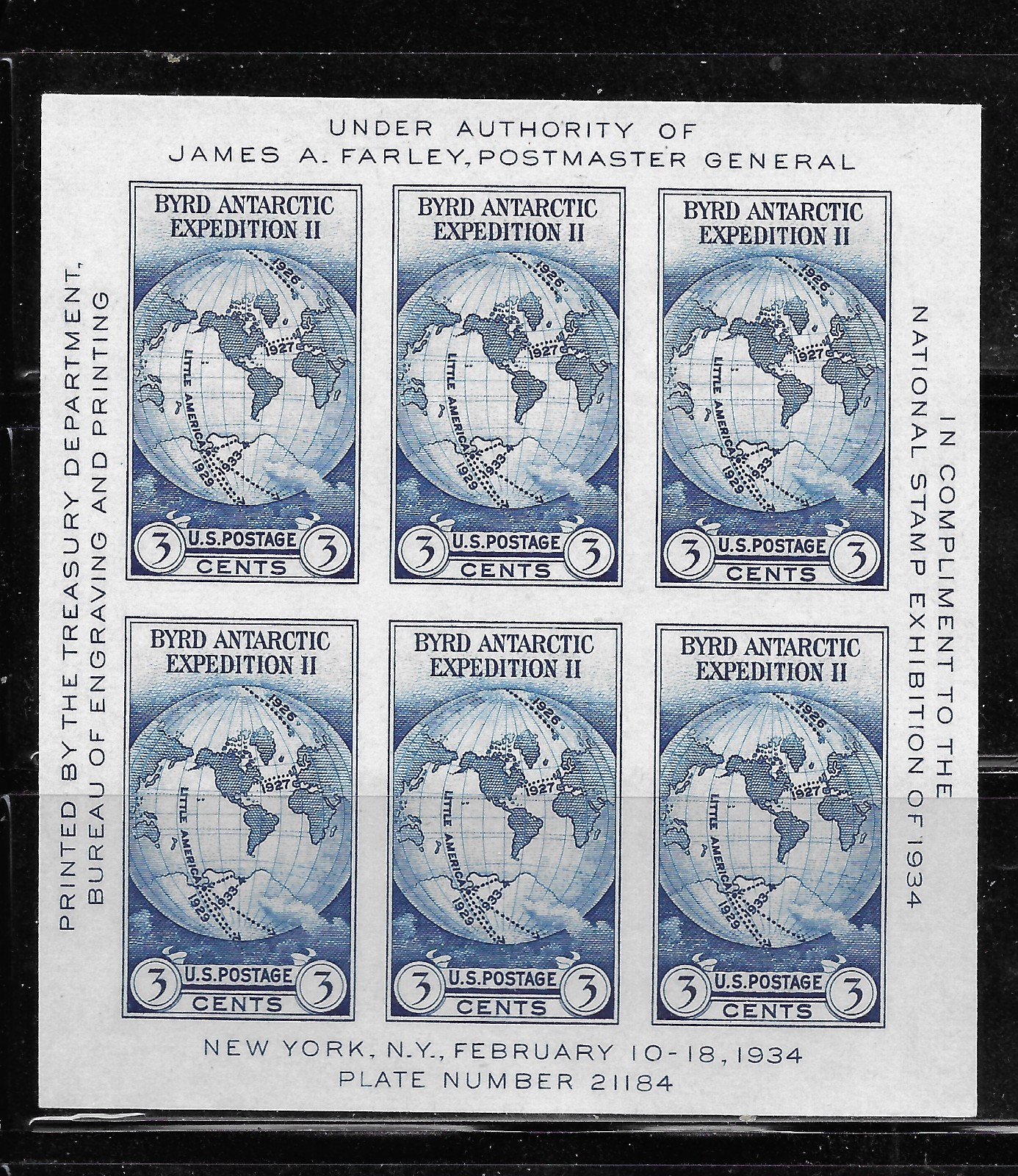 U S Postage Stamps – Scott 735 – 3c Byrd – 6 Stamp Souvenir Sheet – VF with MNG