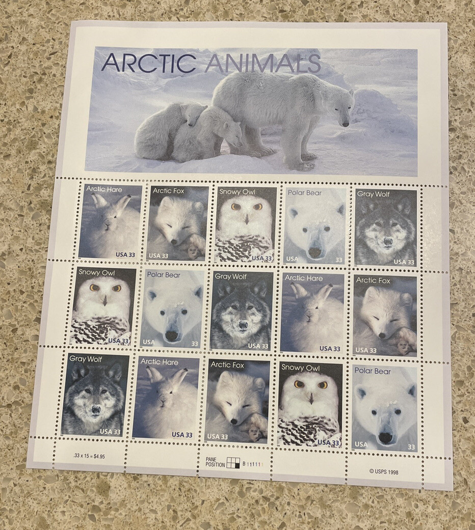 US SCOTT #3288 – 3292 PANE OF 15 ARCTIC ANIMALS 33 CENTS FACE MNH