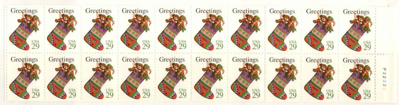 United States 29¢ Christmas Stocking Postage Stamp #2872a Booklet Pane of 20