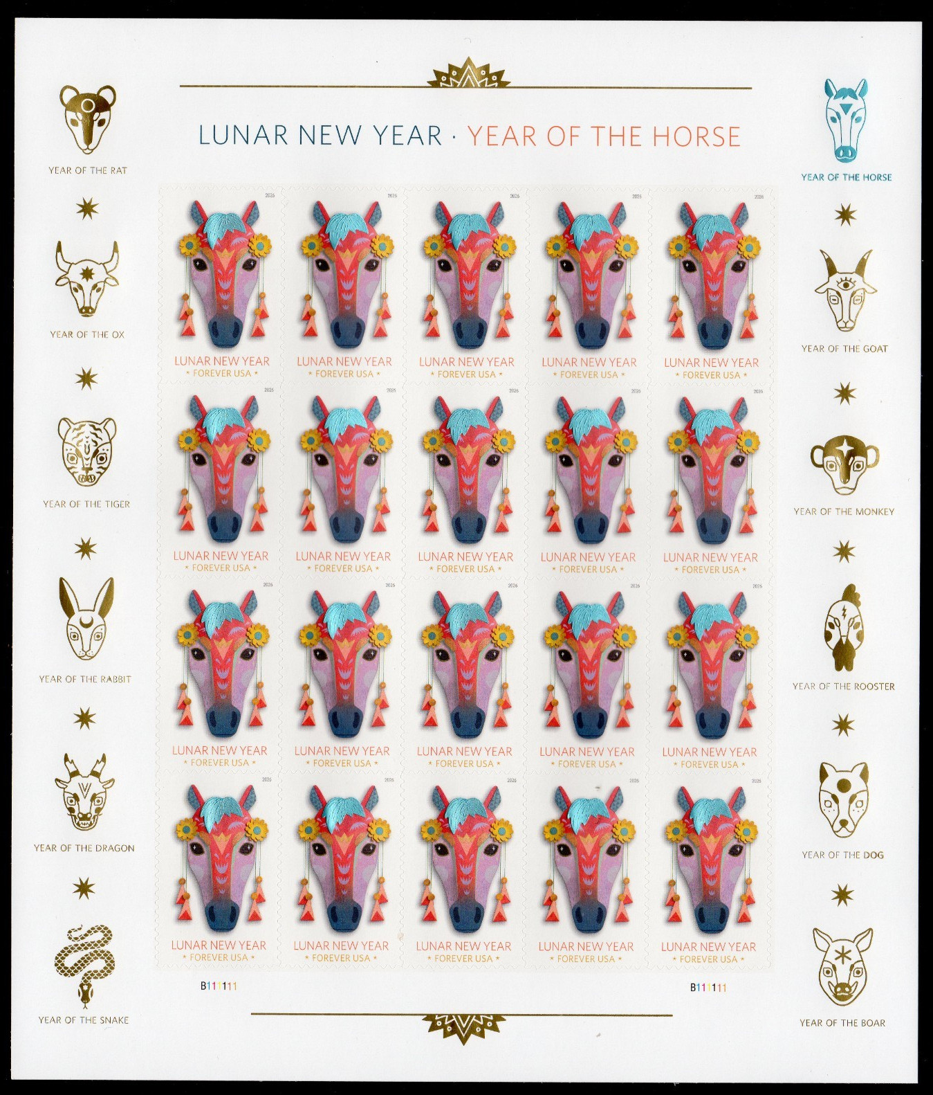 USPS Lunar (Chinese) New Year Horse Sheet of 20 Forever Stamps – MNH 2026 (6054)
