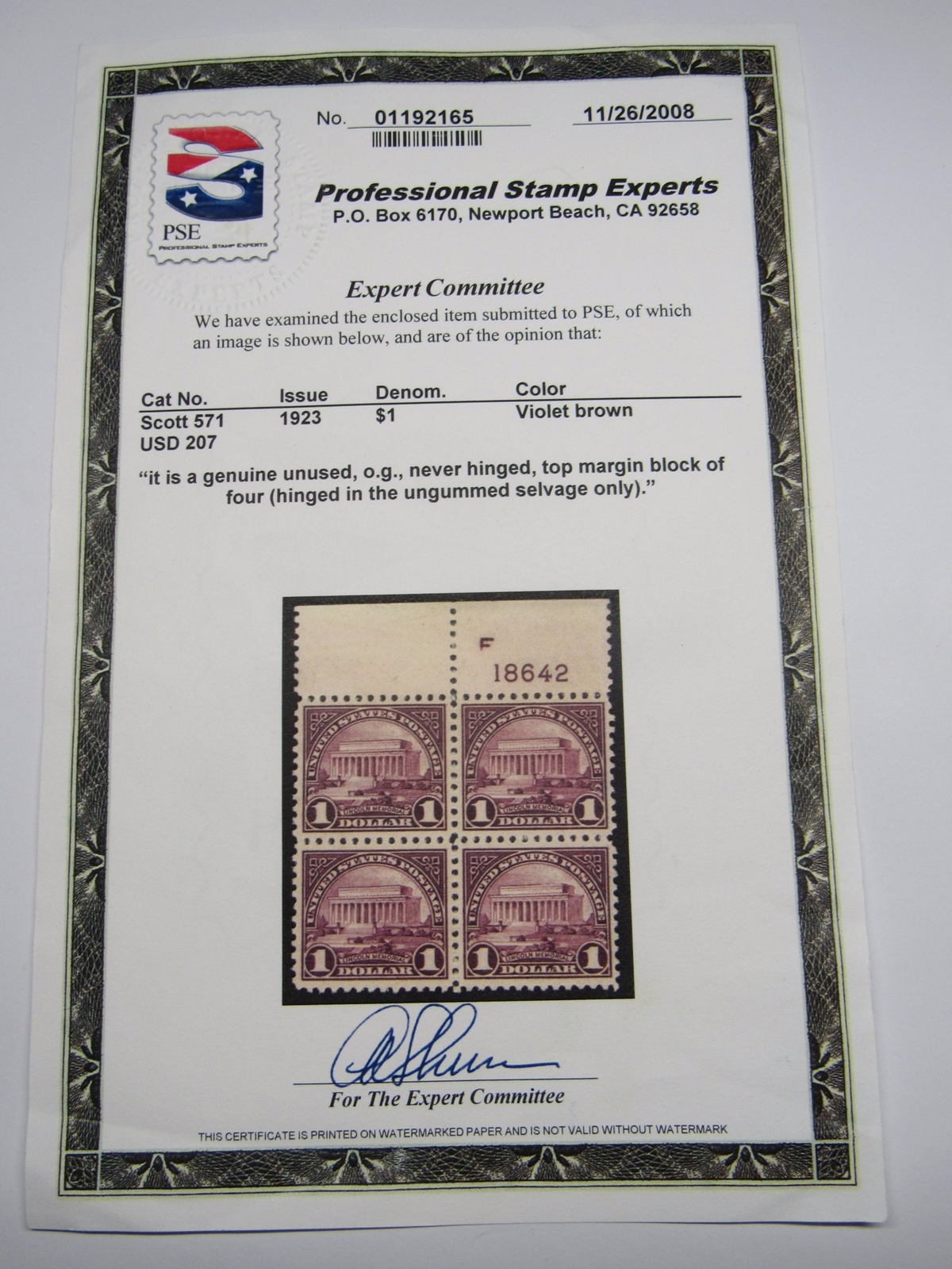 PSE Certified Stamp! Unused 1923 U.S. POSTAGE ONE Dollar Stamps STP-48-IB
