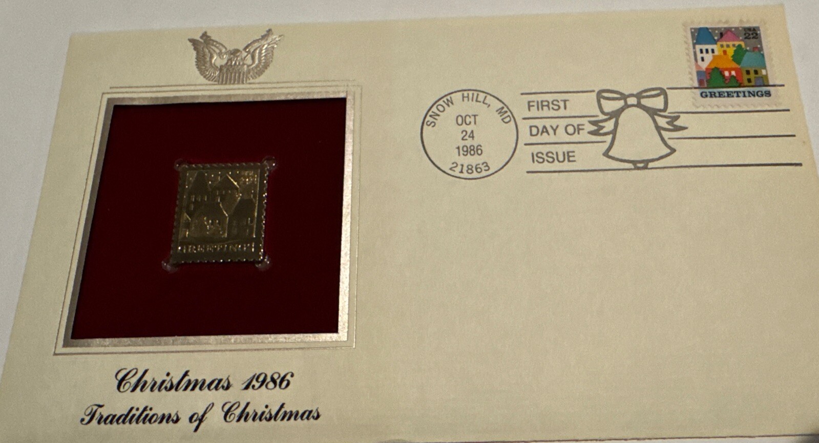 Greetings 1986 FIRST DAY ISSUE 22 CENT STAMP GOLD Traditions of Christmas