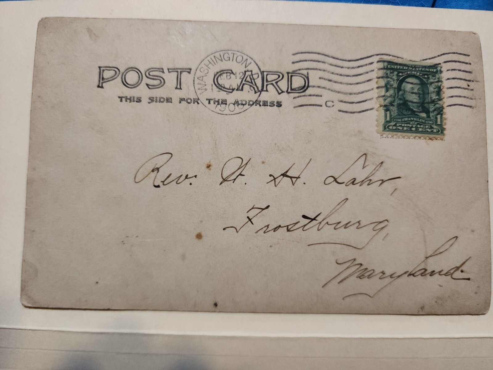 Benjamin Franklin Stamp 1 Cent Green 1902 – 1910 on Antique Postcard Rare +2 PC