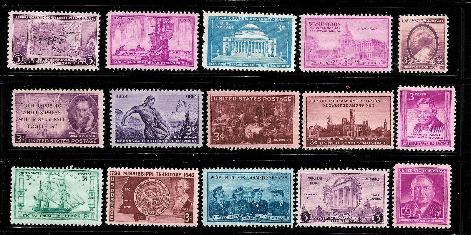 SET OF 37 BEAUTIFUL ASSORTMENT OF THTRE CENT STAMPS – UNUSED – OG – MNH