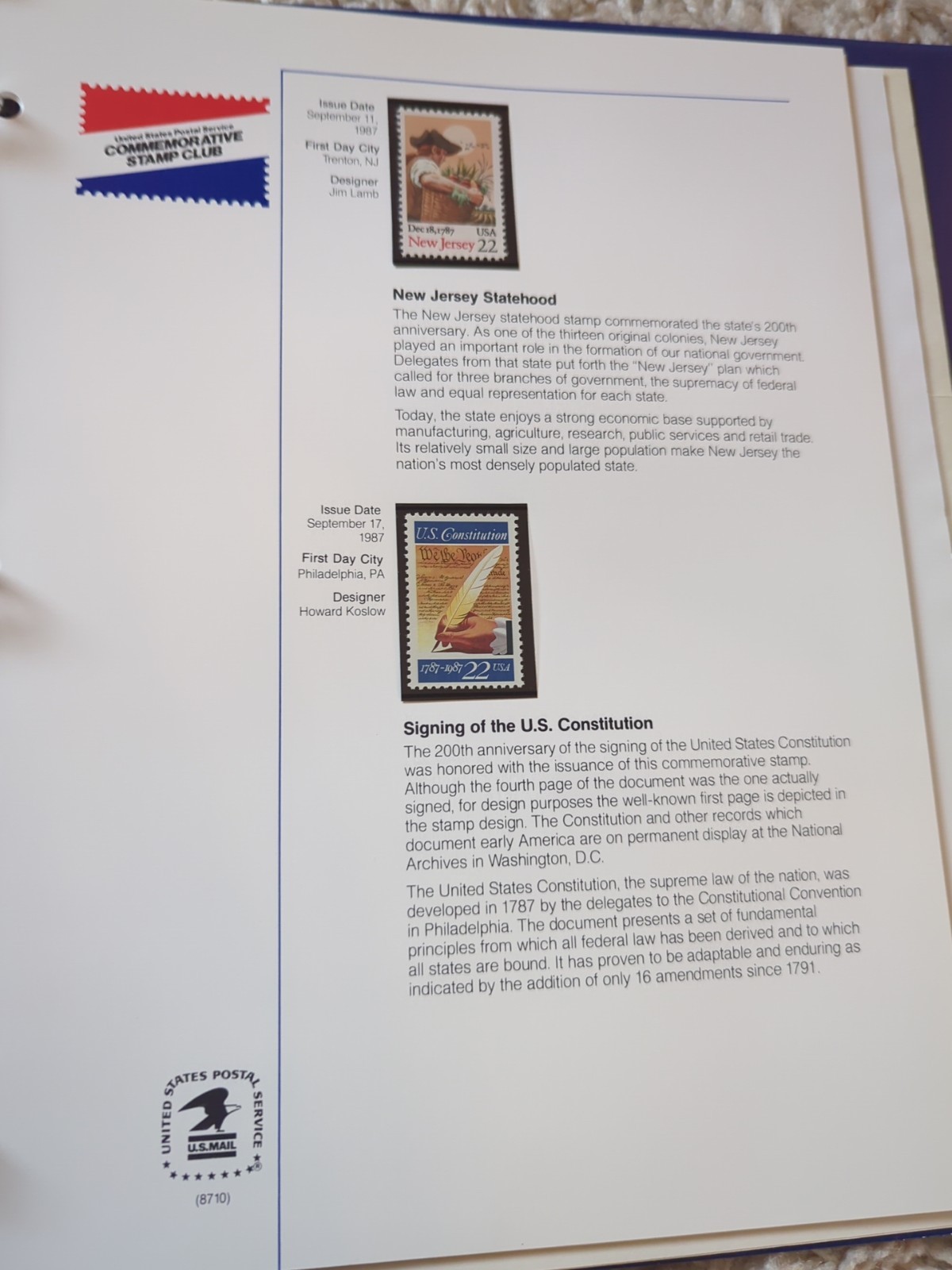 1986-1987 USPS Stamp Album – Arkansas Statehood – Christmas Contemporary Oct 23
