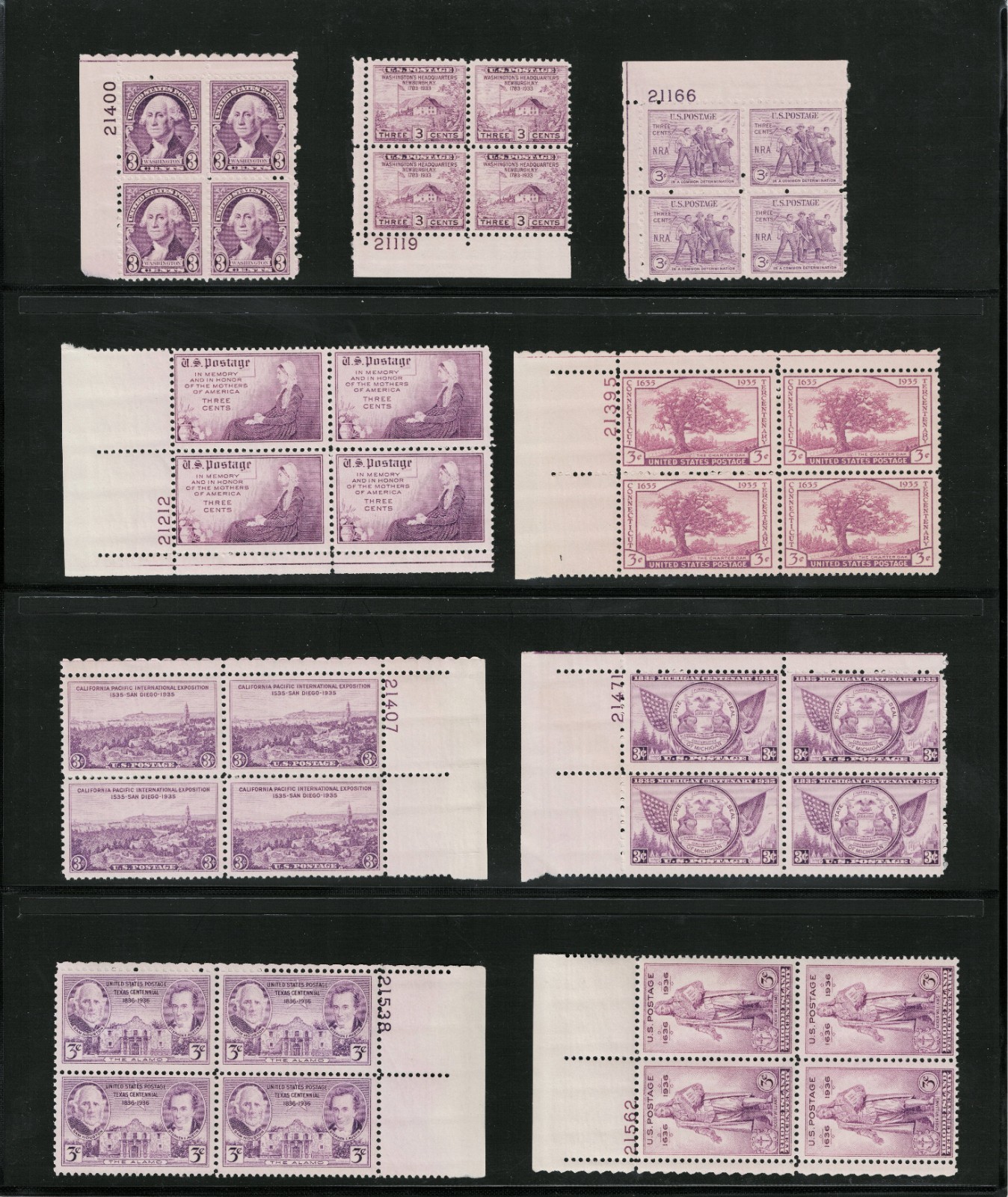 US stamps, Plate Blocks, SC# 720/789, 1932-1936, MNH