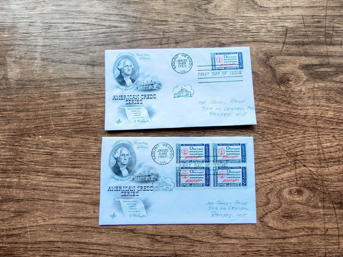 Lot of 2 1960 FDCs: # 1140 4c Credo, Washington 1 block of 4, 1 single
