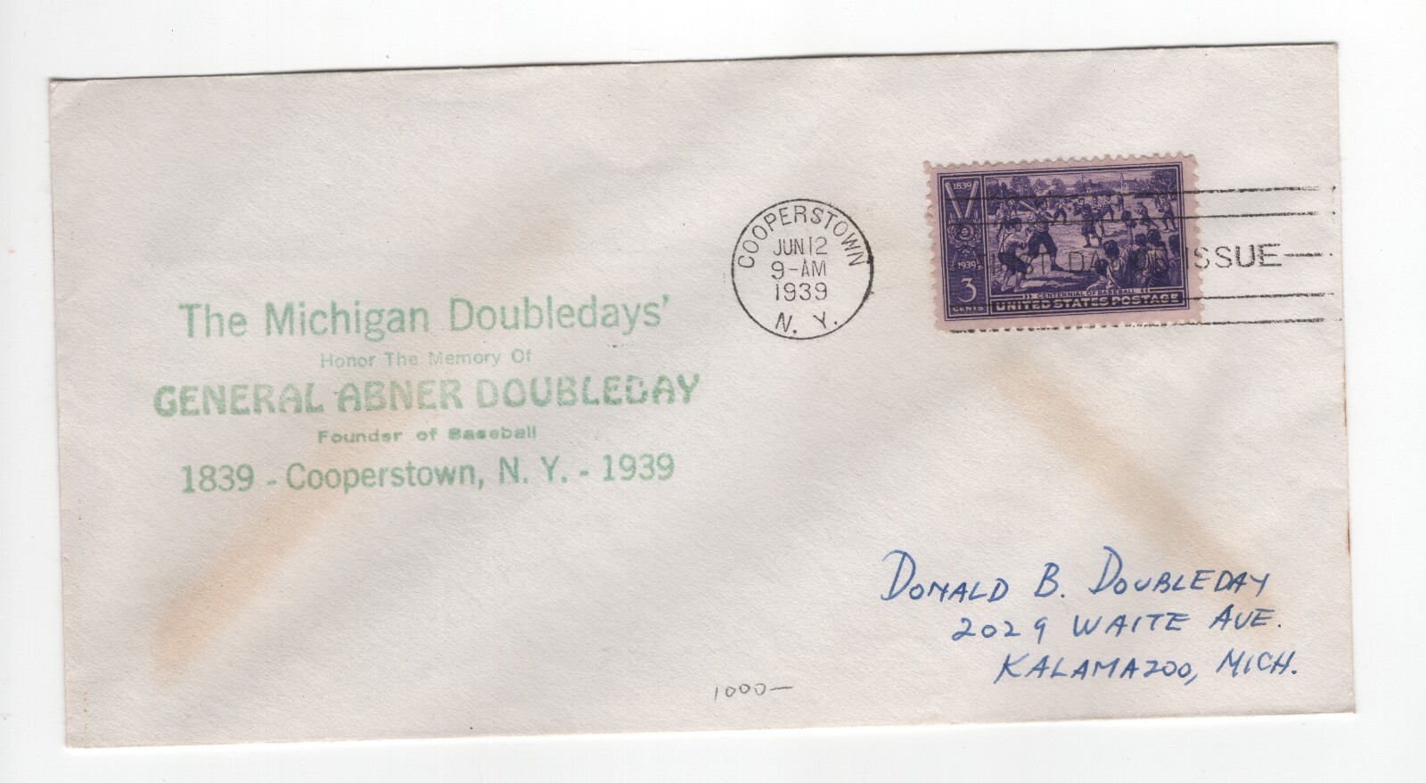 US SC#855 BASEBALL FIRST DAY COVER RARE CACHET MICHIGAN DOUBLEDAYS’ 1939