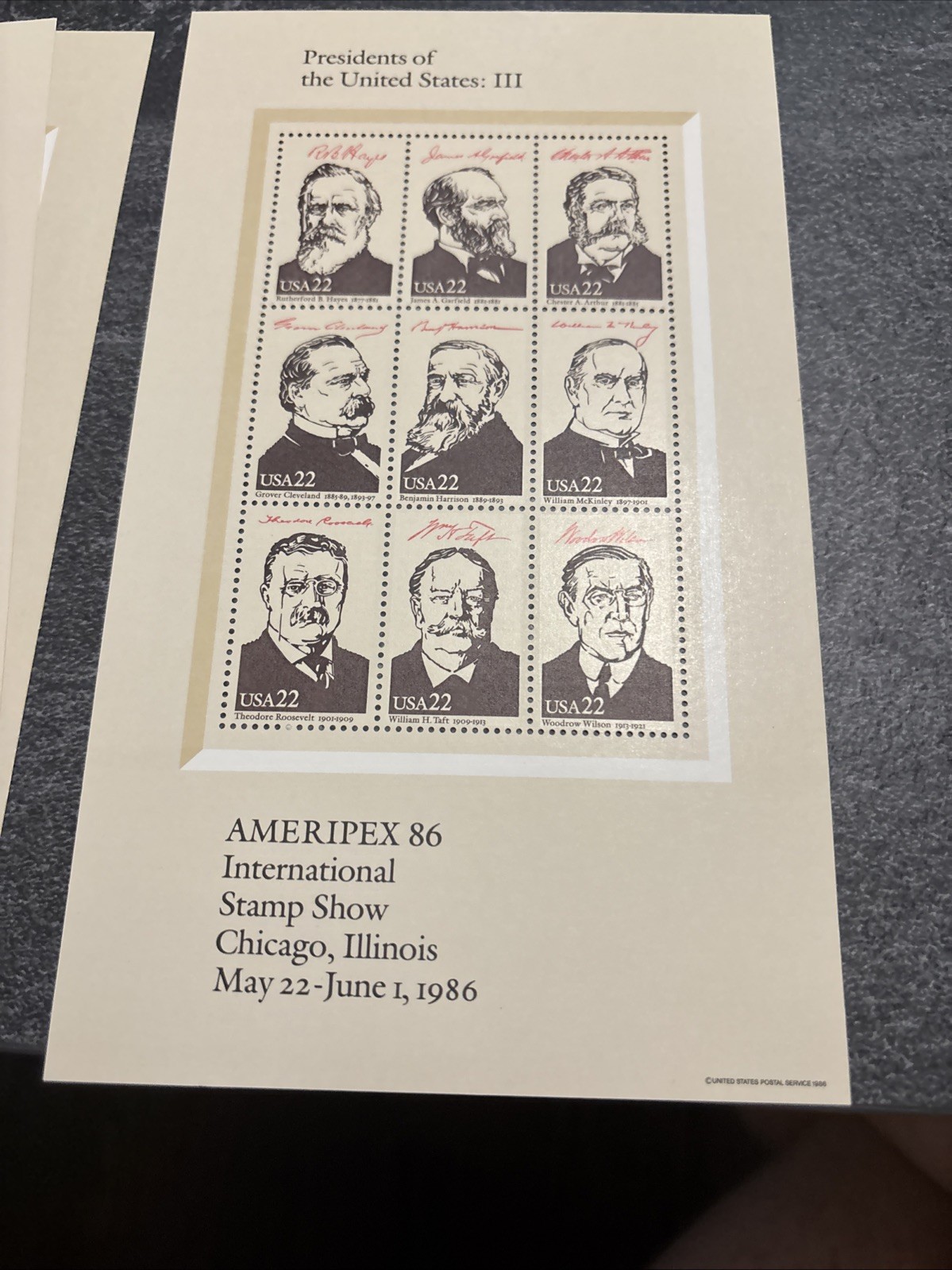 US SCOTT 2216 – 2219 4 PANES OF 9 1986 AMERIPEX STAMPS 22 CENT FACE MNH