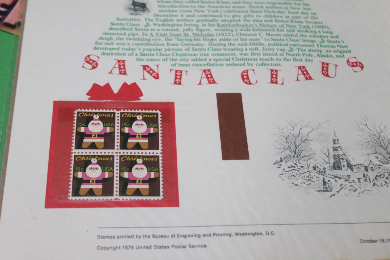 American Commemoratives Santa Claus USPS Stamps Panel Sheet 118 Oct. 18 1979