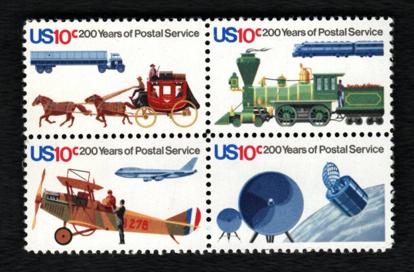 US Stamps – 10¢ 200 Years of Postal Service – Block of 4 (SC# 1572-1575) MNH