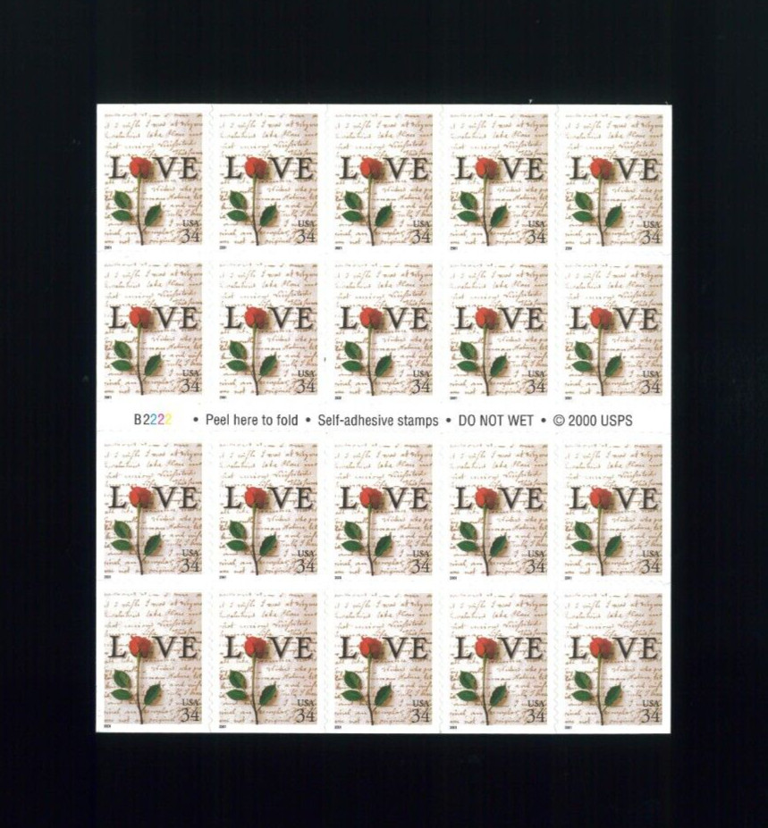 United States 34¢ Rose Love Postage Stamp #3497 MNH Full Sheet