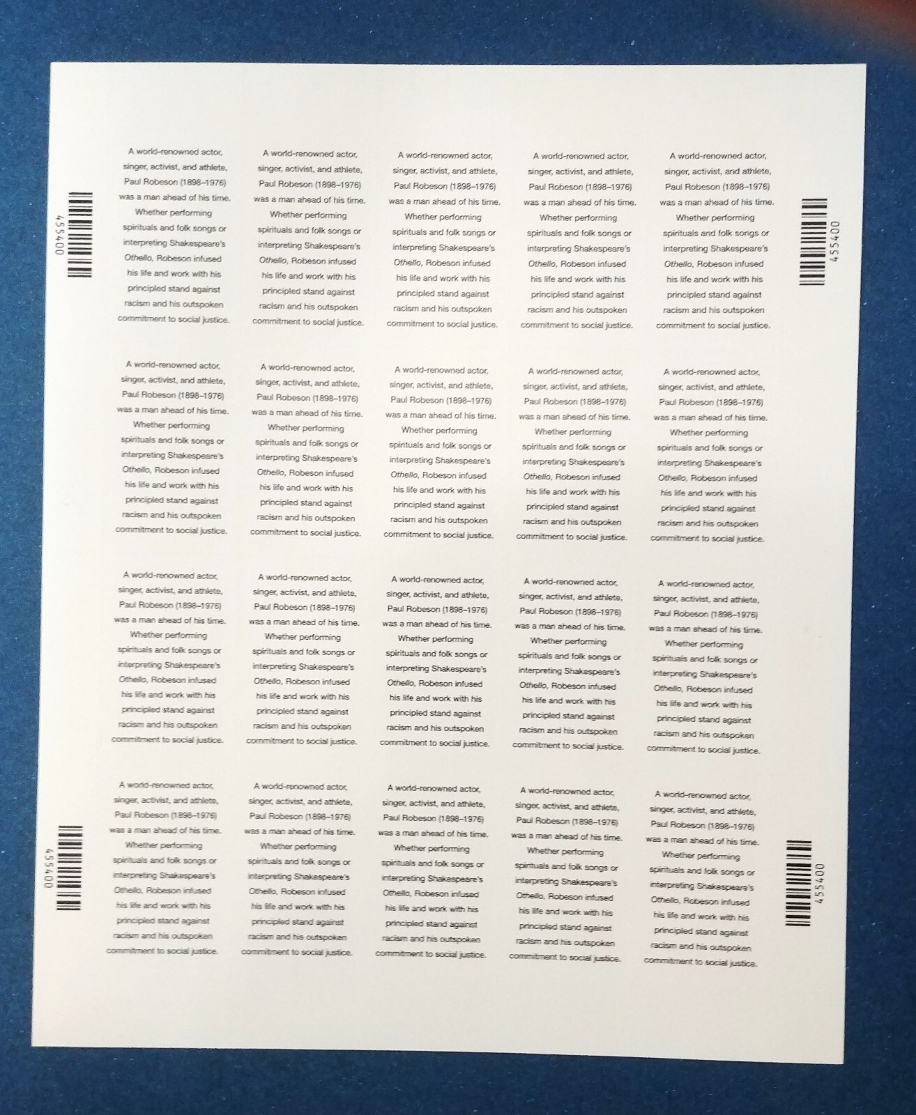 37 cent stamps Paul Robeson sheet pane of 20 Scott #3834