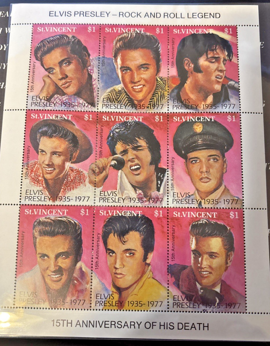 Elvis Collector Stamps Set 9 for $1 w/ Paper Case 15th Anniversary Commemorative