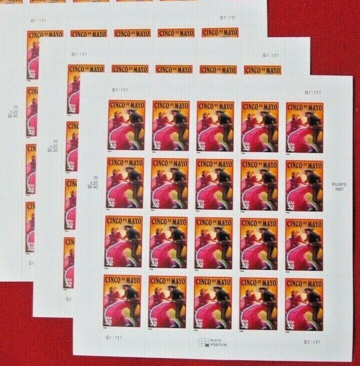 Three Sheets / Panes x 20 = 60 of CINCO DE MAYO 32¢ US Postage Stamps USA # 3203