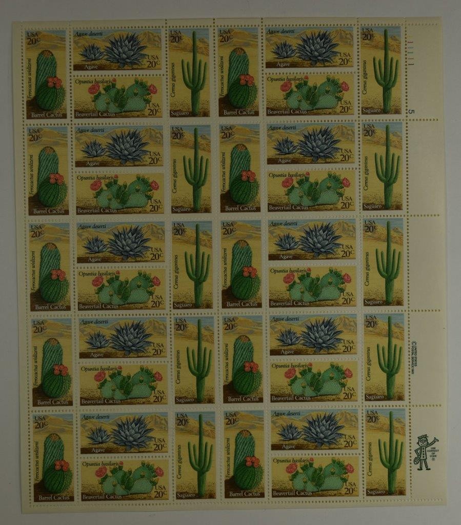 US SCOTT 1942 – 45 SHEET OF 40 DESERT CACTUS PLANT STAMPS 20 CENT FACE MNH