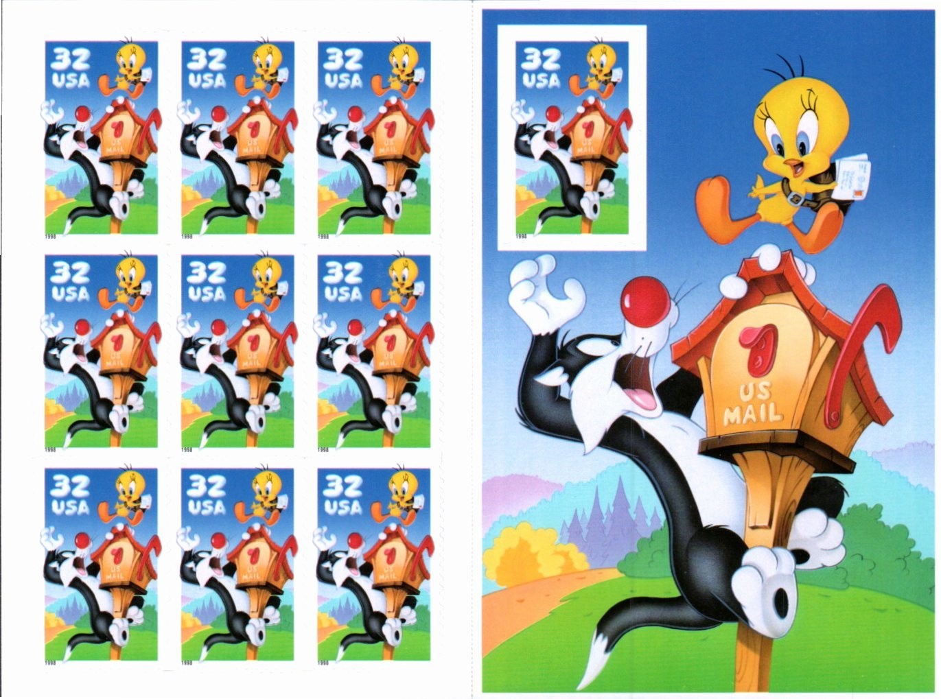 Scott#: 3204 Sylvester & Tweety Bird Pane of 10×32¢ 1998 Stamps – Lot 5
