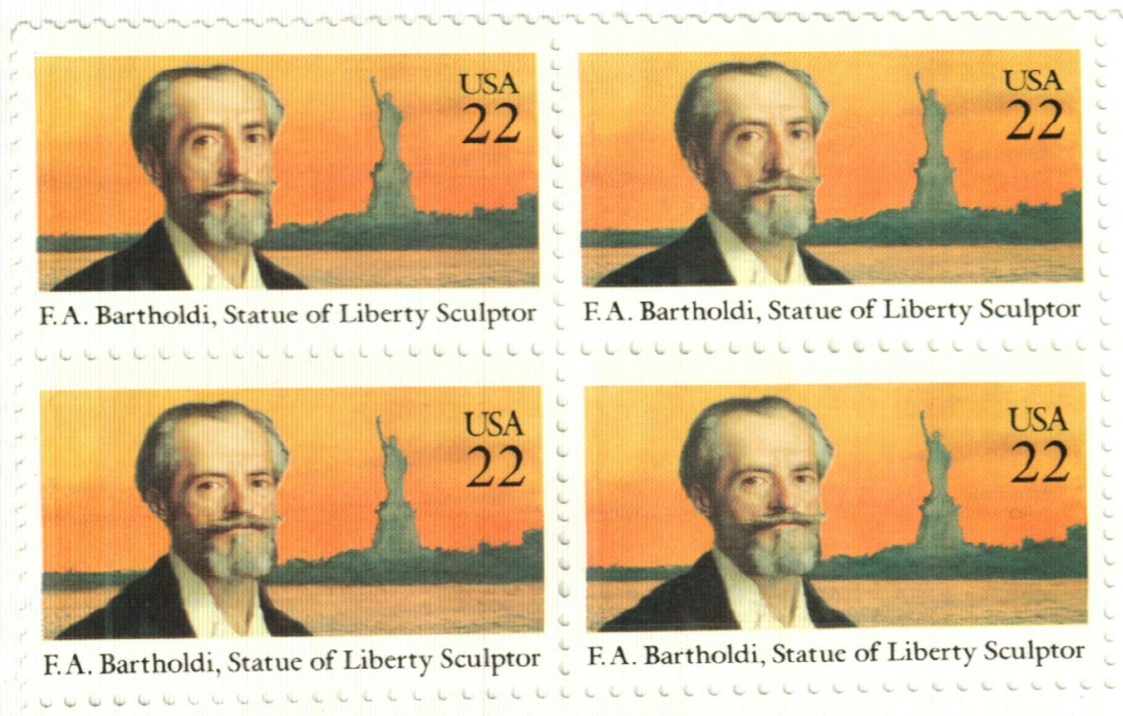BARTHOLDI, F.A.–STATUE OF LIBERTY-Block of 4 Collectible 1985 Stamps–FREE SHIP