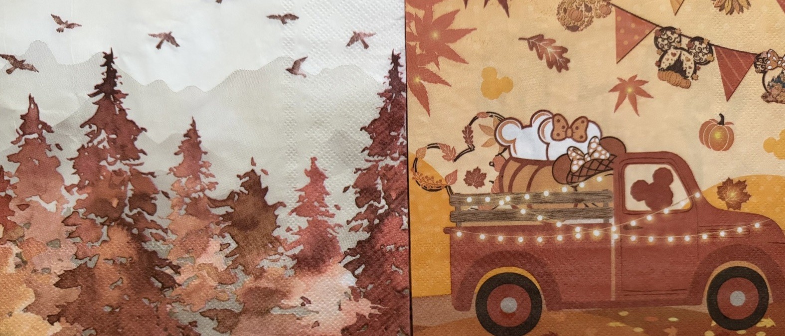 TWO Individual Napkins Decoupage One Mickey Mouse Truck/one Pumpkin Maple Trees
