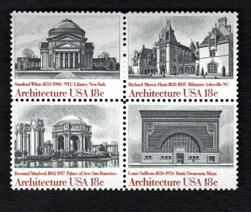 US Stamps – 18¢ American Architecture – Block of four (SC#1344-1347) MNH