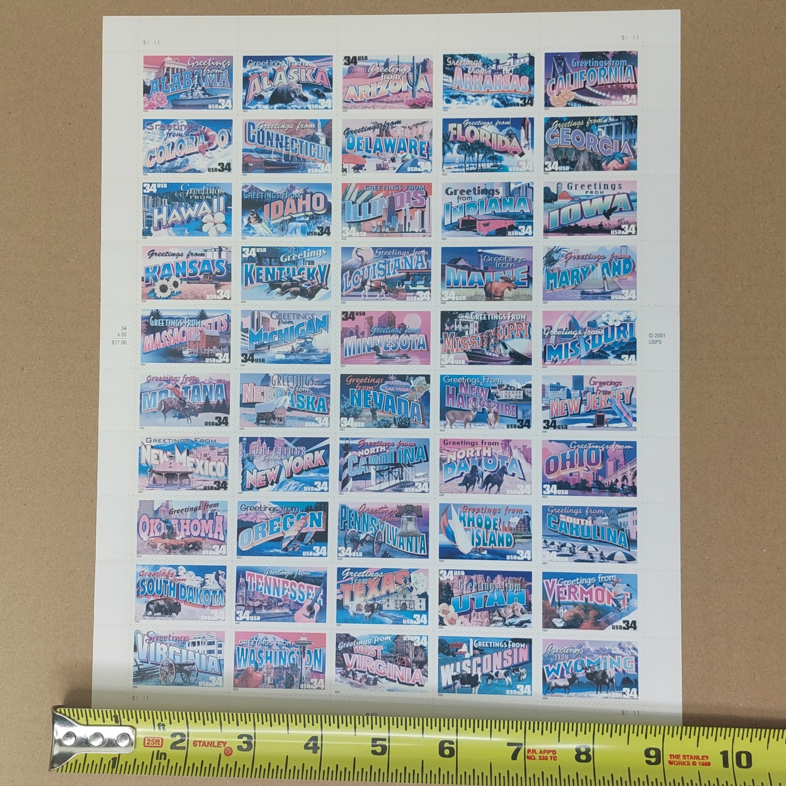 United States 34¢ 50 States Greeting Card Postage Stamps – Full Sheet 3561-3610
