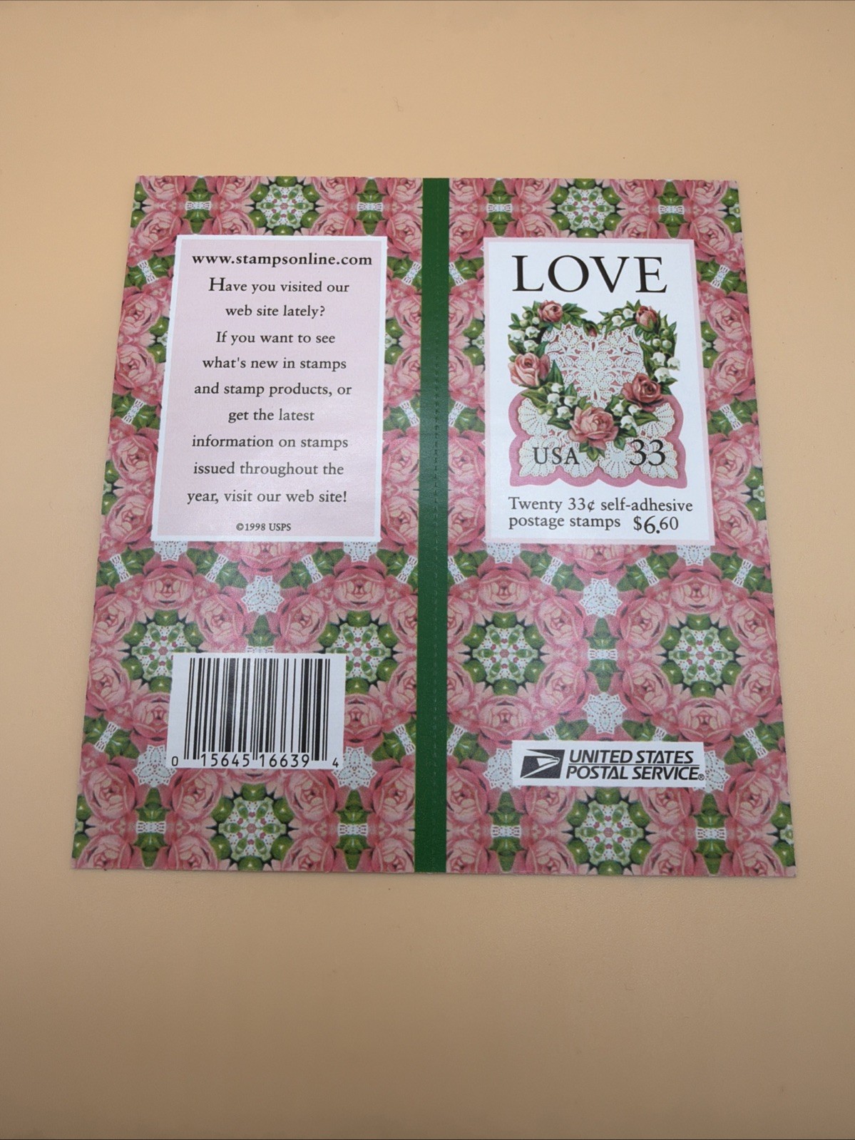 US SCOTT 3274a BOOKLET OF 20 FLORAL HEART LOVE STAMPS 33 CENT FACE MNH